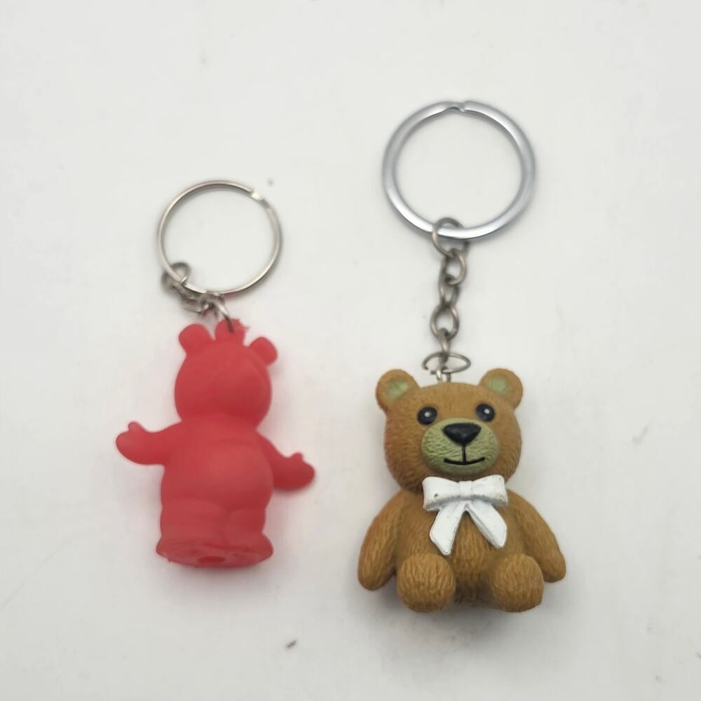 Lot of 2 Teddy Bear Keychain Charms Red Rubber Bear Brown Teddy With White Bow